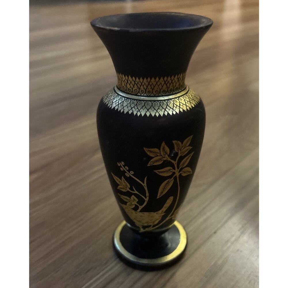 Grecian Style Black And Goldtone Wooden Bud Vase Rich Decor Study Read